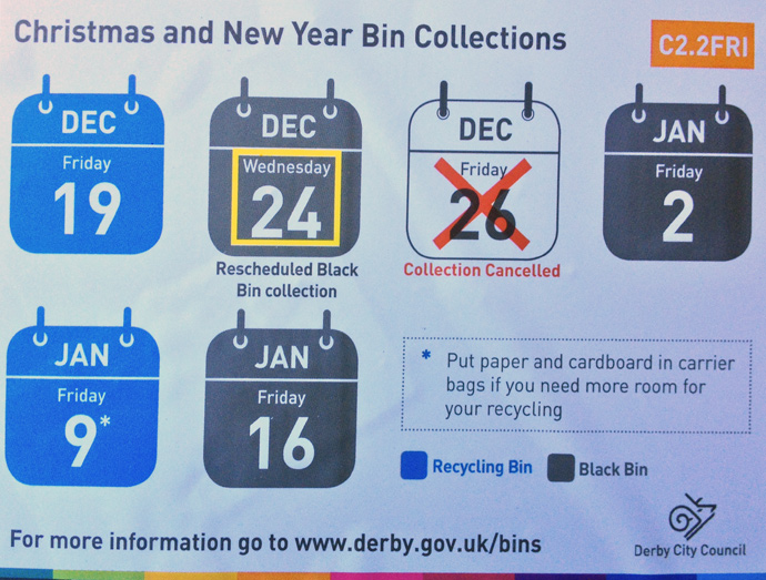 Bin collection dates in Spondon, Derby - Christmas 2014